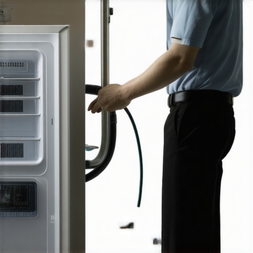 Person vacuuming refrigerator coils with brush attachment