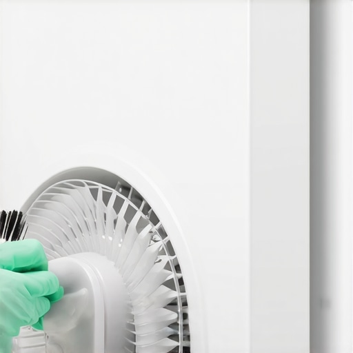 Cleaning Refrigerator Condenser Fan Person cleaning the condenser fan of a refrigerator with a brush in a kitchen