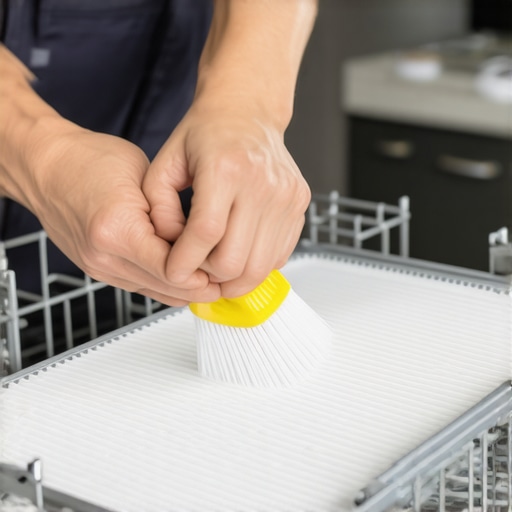 Person cleaning dishwasher filter with brush, demonstrating proper maintenance.
