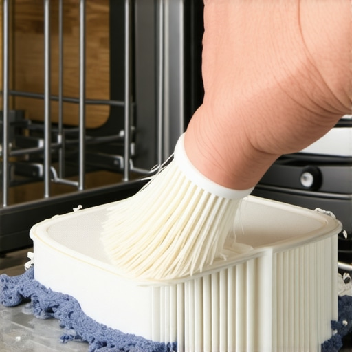 Person manually cleaning dishwasher filter with brush