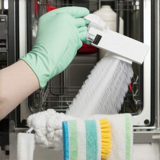 Person scrubbing dishwasher filter and spray arms to remove grime and odors.