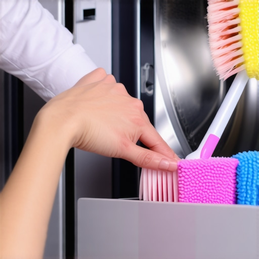 Person inspecting and cleaning the detergent drawer of a washing machine, highlighting the internal components and seals.