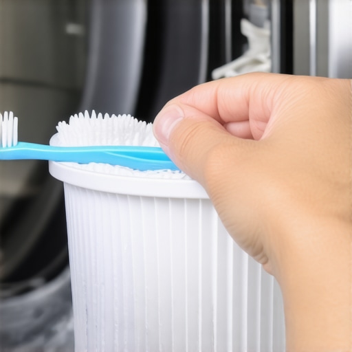 Person cleaning washing machine filter with brush and cloth.