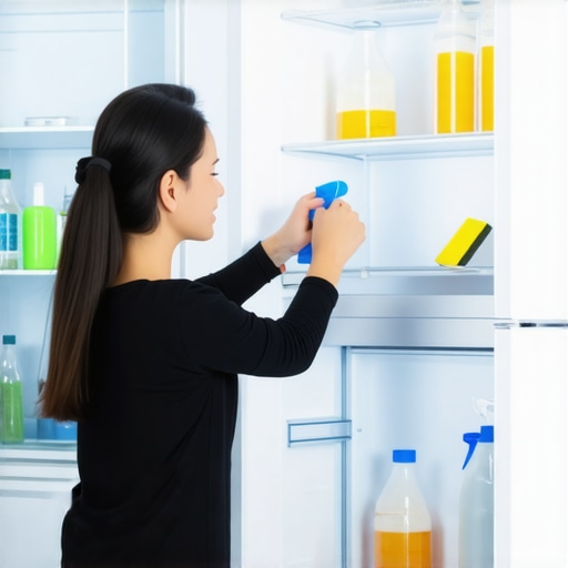 Person wiping the inside of a white fridge with a cloth and cleaning solution.