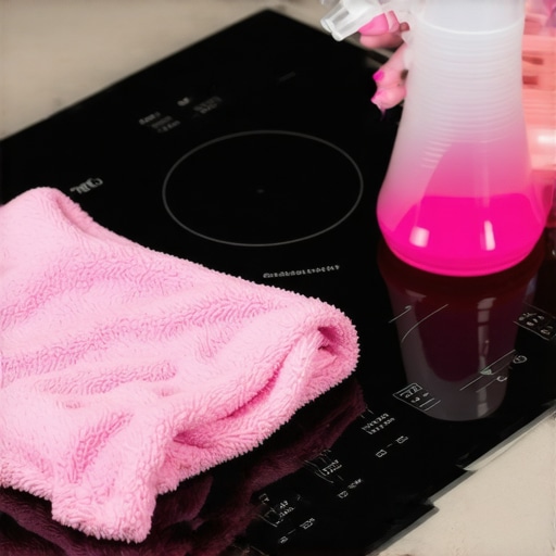 Person wiping a black induction cooktop with a microfiber cloth