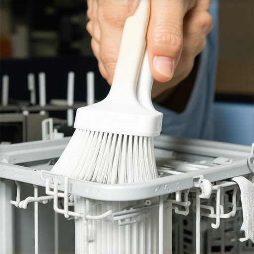 Person cleaning dishwasher filter with brush for maintenance.