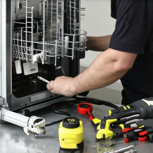 Technician checking dishwasher's drain pump and hose for clogs.
