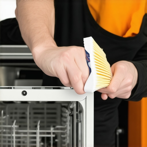 Person cleaning dishwasher spray arms with a brush for maintenance.