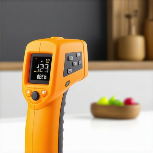 Essential Tools for Appliance Maintenance Infrared thermometer and network analyzer tools on kitchen counter for appliance care.