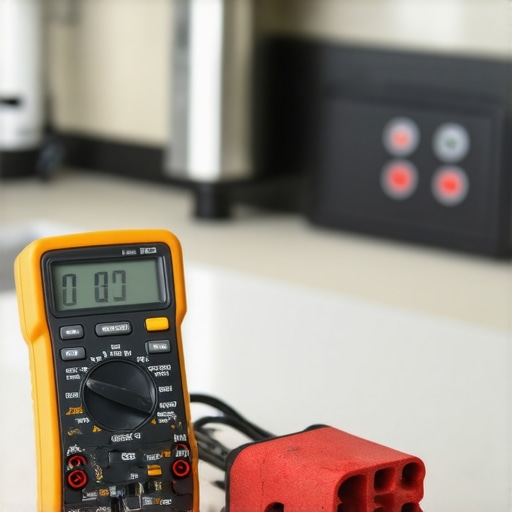A multimeter and cleaning supplies ready for appliance maintenance in a modern kitchen.