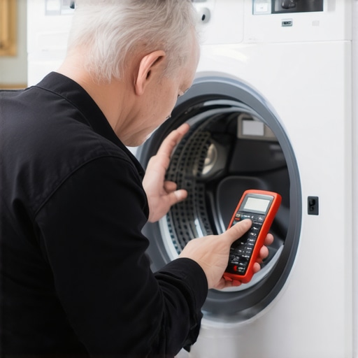 Expert Troubleshooting with Digital Multimeter A technician uses a digital multimeter to diagnose a washing machine fault, illustrating professional appliance maintenance.