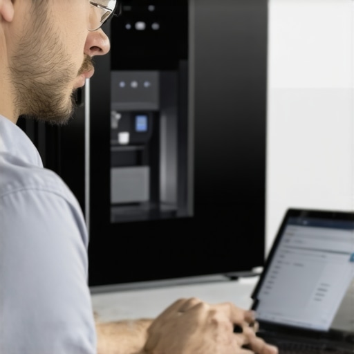 Technician performing a firmware update on a smart fridge with a laptop