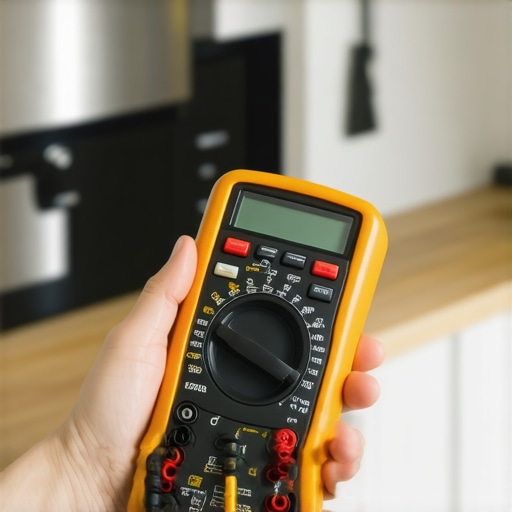 Home Appliance Maintenance Tools in Use Person testing an appliance with a multimeter in a modern kitchen setting