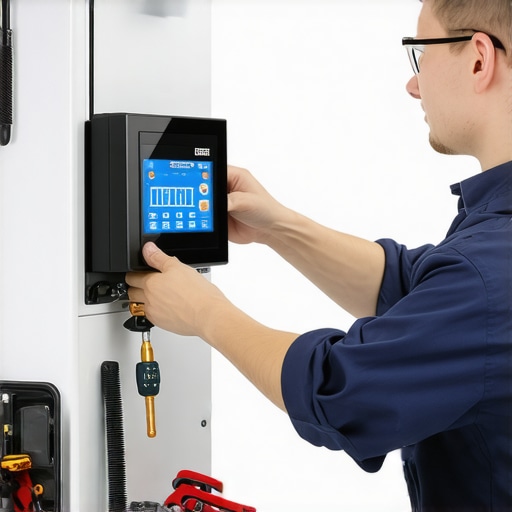 Technician checking refrigerator water line and ice mold for blockages.