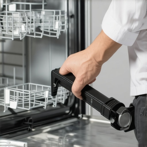 Inspecting Dishwasher Components for Noise Person checking spray arm and belts inside a dishwasher during repair