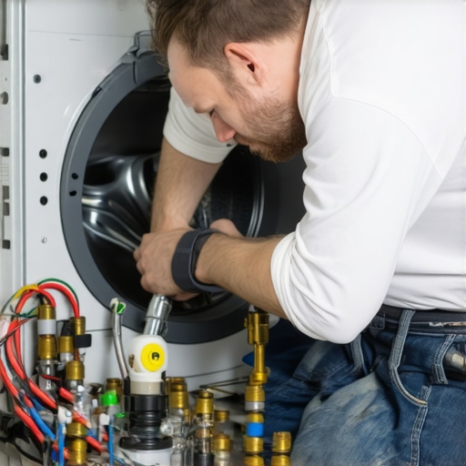 Homeowner checking washing machine water hoses for leaks