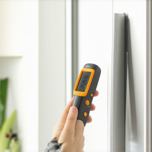 Person using an infrared thermometer on a refrigerator in a modern kitchen