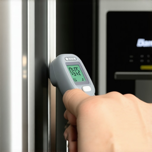 Monitoring Refrigerator Health with Infrared Temperature Checks Person measuring refrigerator temperature using an infrared thermometer near the appliance's coils.