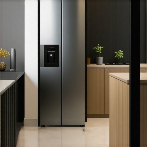 A sleek, tall, narrow refrigerator seamlessly integrated into a compact kitchen space, emphasizing size and fit.