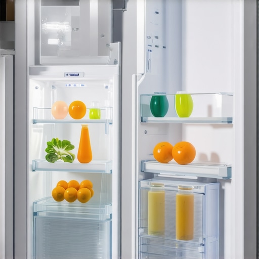 A sleek refrigerator interior with organized shelves and digital display