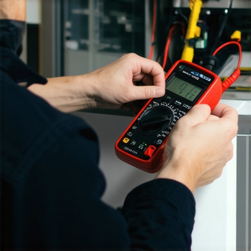 Technician testing a refrigerator component with a digital multimeter