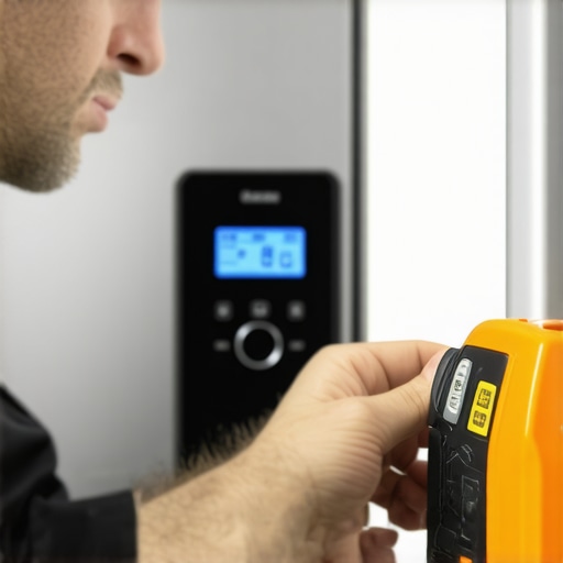 Professional Calibration of a Smart Refrigerator Technician using precise calibration tools on a smart refrigerator sensor.