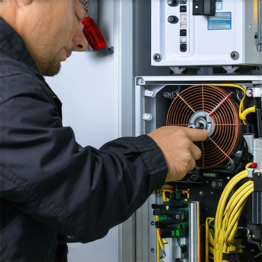 Technician inspecting refrigerator compressor and condenser coils