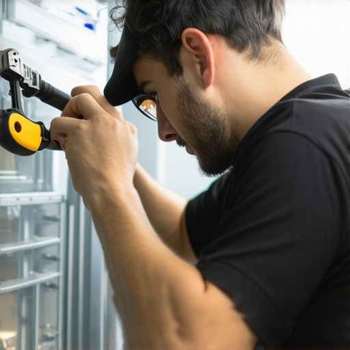 Technician cleaning condenser coils of a refrigerator in a stylish kitchen