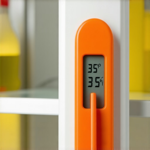 Refrigerator Thermometer at 35°F Digital thermometer displaying 35°F inside a refrigerator