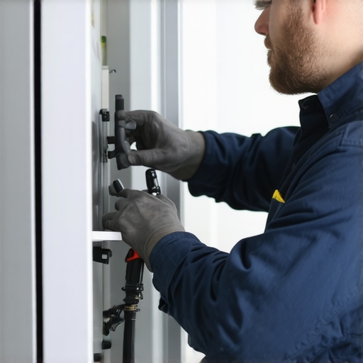 Technician examining refrigerator water supply connection during repair.
