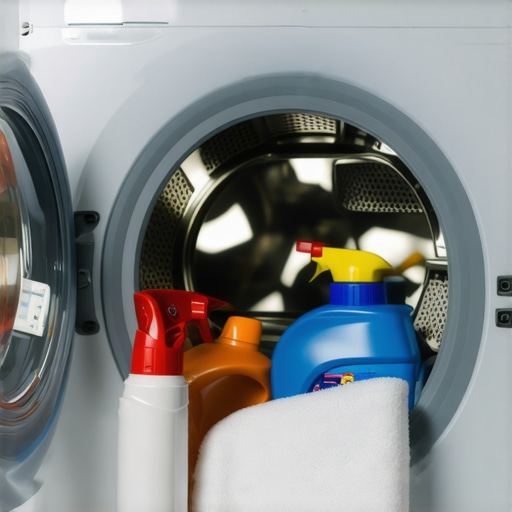 Close-up of washing machine drum showing cleaning process with disinfectants and open door