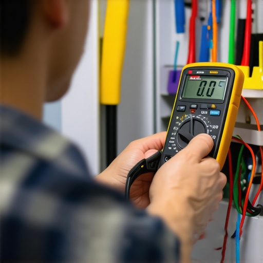 Smart Appliance Maintenance Tools in Use A technician testing a smart refrigerator's electrical connection with a digital multimeter.