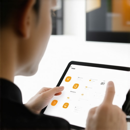 Person interacting with a tablet showing smart appliance controls and security icons