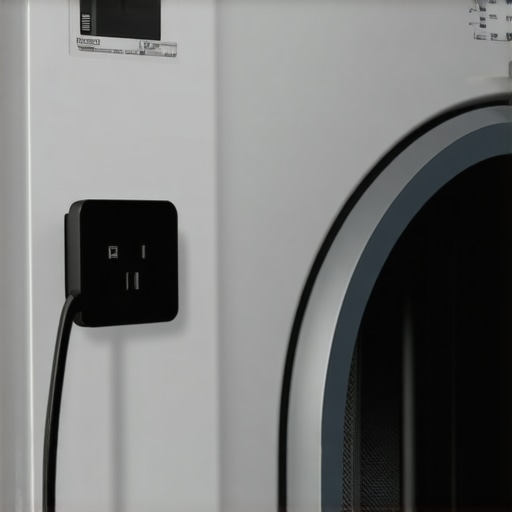 Close-up of a smart Wi-Fi plug connected to a vintage washing machine