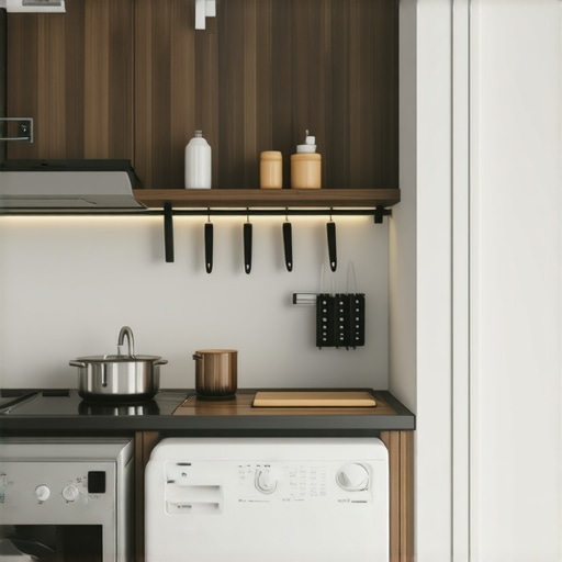 A cozy, well-organized tiny kitchen showing compact appliances and clever storage solutions.