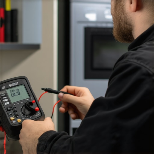 Technician Using Multimeter for Appliance Maintenance A technician using a multimeter to diagnose home appliances in a clean, well-lit workspace