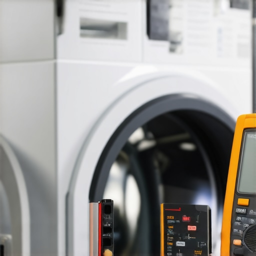 A person testing an appliance's electrical wiring with a multimeter in a kitchen setting.