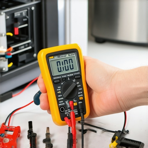 Using a Multimeter for Appliance Maintenance Person testing appliance wiring with a multimeter in a home garage setting.