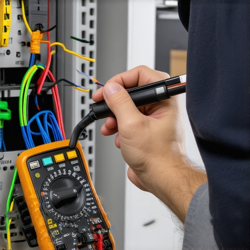 A hand holding a multimeter testing electrical wiring in a kitchen appliance.