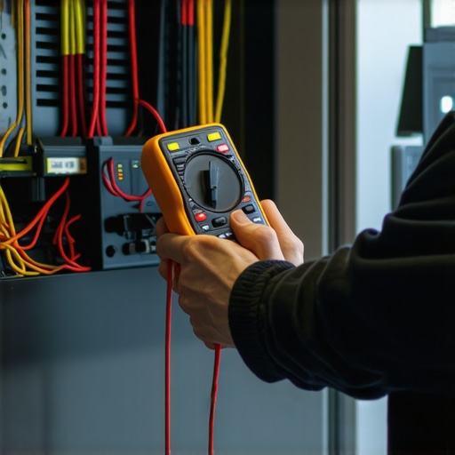 Using a Multimeter for Appliance Maintenance Person measuring appliance voltage with a multimeter in a modern kitchen.