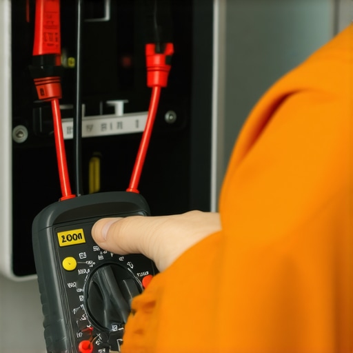 Person testing home appliance wiring with a multimeter.