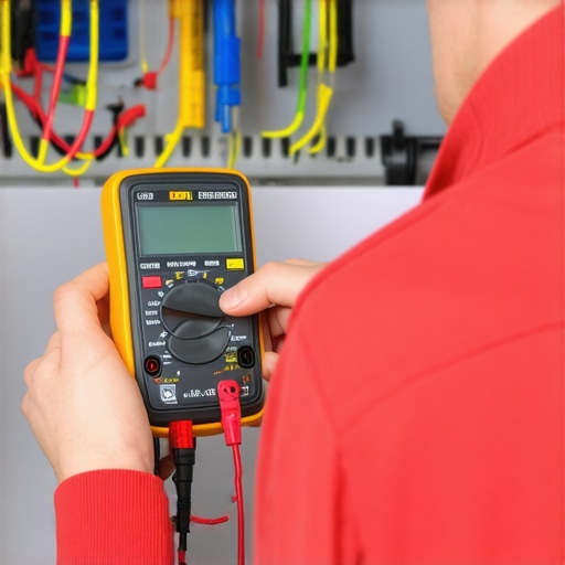 A technician testing appliance wiring with a multimeter