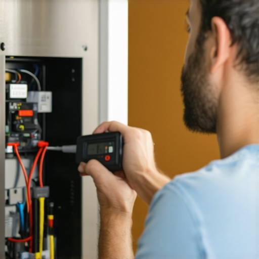 A person testing an appliance's electrical connection with a multimeter in the kitchen