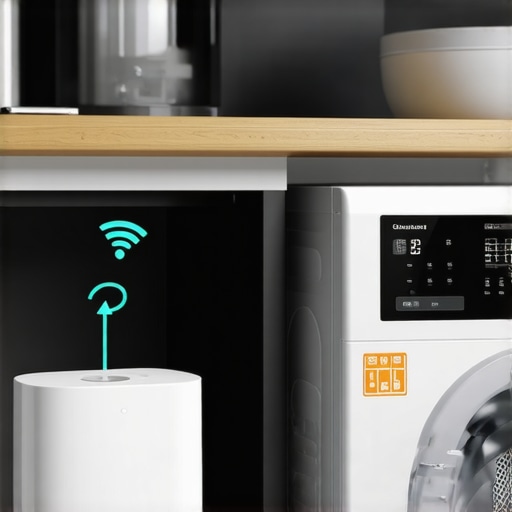 Wi-Fi Connection Between Router and Washer Illustration of Wi-Fi signals connecting a router to a smart washing machine in a modern laundry room