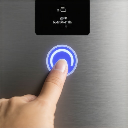 A close-up of a finger pressing the smart control button on a high-end kitchen range