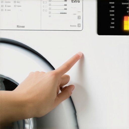 A hand pressing the extra rinse button on a digital washing machine control panel.