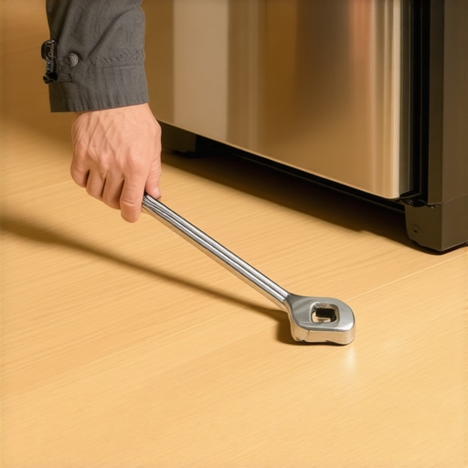 A close-up view showing how to adjust the leveling bolts at the base of a refrigerator with a wrench.