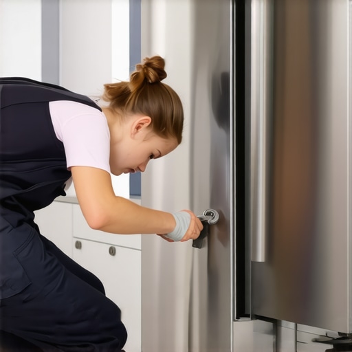 Adjusting refrigerator leveling feet Close up of hands using a wrench to level a refrigerator on a tile floor to stop vibrations.