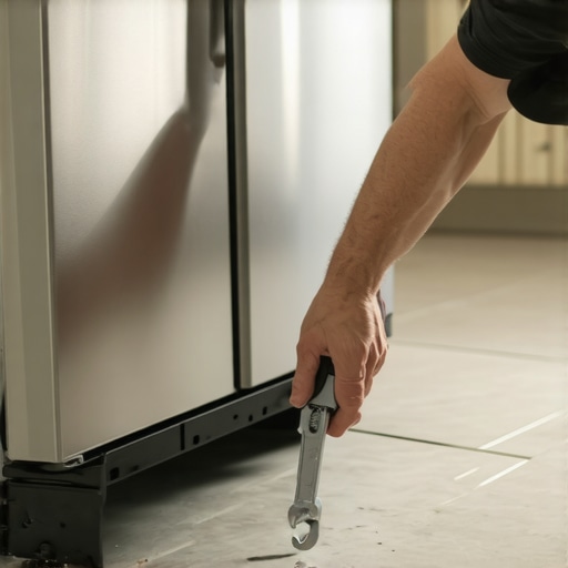 Adjusting refrigerator leveling legs A hand using a wrench to turn a hex nut on the bottom of a refrigerator to stabilize it.