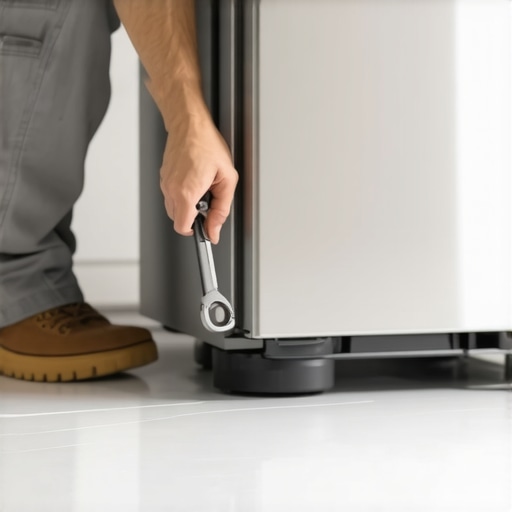 Adjusting the leveling feet of a refrigerator A person leveling a refrigerator with a wrench to stop vibration noise.